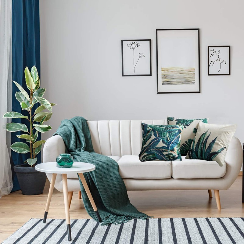 ISIYINER Cushion Cover Cotton Linen Cushion Cover Tropical Plants Leaves