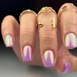 Chrome False Nails Medium, SXVME Glazed Purple Press On Nails Short Square, Glitter Shine Fake Nails Glue on Nails Cute, Acrylic Stick on Nails for Women Daily & Party Wear