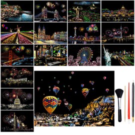 BSHAPPLUS Kratzbilder Kinder,16 Blätter A4 Regenbogen Kratzpappier Set(21x29,7cm) Stadt & Feuerwerk - Mit 4 Spezialwerkzeugen für Kinder & Erwachsene Kreativset