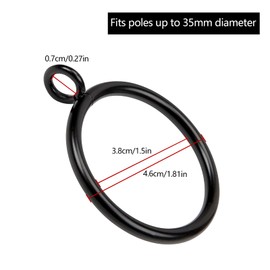 JNBGTU 50 Pcs 38mm Matte Black Metal Curtain Rings Curtain Drapery Pole Rings with Curtain Hooks Drape Sliding Curtain Hanging Rings Durable & Rustproof Curtain Pole Ring Fit Rod Up to 35mm Diameter
