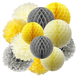 Pack of 12 Tissue Paper Pompoms and Honeycomb Balls Decorative Paper Kit for Birthday Wedding Baby Shower Parties Main Decorations, Pompoms Decoration, Confetti Honeycomb Balls Decoration, Yellow Grey