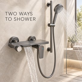 Wall-Mounted 2-Outlet Waterfall Shower Faucet Set with 3-Mode Hand Shower, Brushed Grey