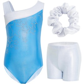 Gogokids Girls' Three Piece Gymnastics Set, Sleeveless Leotard with Shorts and Headband, Ballet Dancing Leotard Gymnastics Outfit with Sparkling for Girls, Sleeveless Jerseys for 3-12 Years, blue