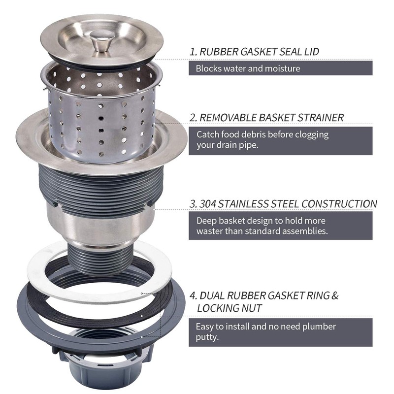 3-1/2 Inch Sink Drain Assembly Kit, Removable Deep Sink Strainer