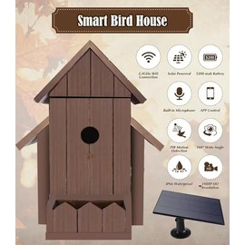 Bird House with Camera, 1080p HD Bird Houses for Outside with Nest Auto Capture Photo & Video, Smart Bird House with Camera Solar Powered 2.4G WiFi & App Notify in Real Time Dark Color (Dark, Normal)