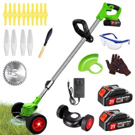 Electric Weed Wacker Cordless Eater Battery Powered, 21V Lightweight Stringless Grass Trimmer/Edger/Brush Cutter, 3 in 1 Weed Trimmer with 2 Battery Operated and Wheels for Yard and Garden