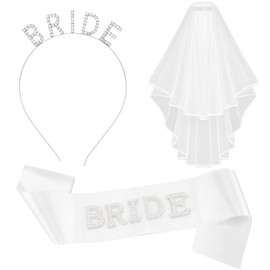 Chanaco Bride to Be Sash Bachelorette Party Decorations Bridal Headband and Wedding Veil Engagement Accessories Bridal Shower Favors Silver Rhinestone Tiaras Pearls Sashes Gifts