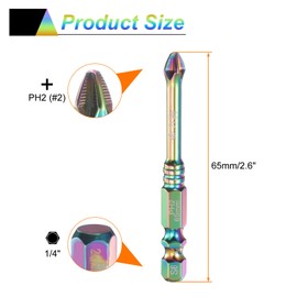 sourcing map 1pcs Impact Phillips Screwdriver Bit PH2 (#2) Anti Slip Teeth Tip 1/4" Hex Shank 2.6" (65mm) Long Magnetic Cross Screw Driver Colored Titanium Coated S6 Steel Industrial Drill Bits