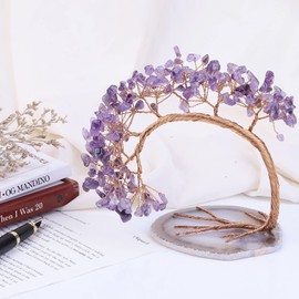Cheungshing Handmade Natural Crystal Money Tree with Agate Slice Base Good Luck Feng Shui Bonsai Tree for Home Office Table Decoration, Amethyst