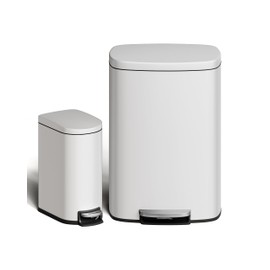 Garvee 13 Gal (50L) and 2.6 Gal (10L) Metal Trash Can Combo Set, Rustproof Garbage Can with Lid, Step-on Trash Bin with Inner Bucket, Rear Handle, White