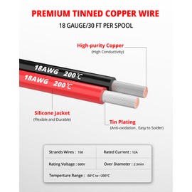 NAOEVO 18 Gauge Wire 180ft, 18 AWG Silicone Wire 30ft Each Spool, 6 Colors Flexible Tinned Copper Wire Electrical Wire 18 Gauge, Hookup Wire Kit for Breadboard/Automotive/DIY/Battery, 200℃ 600V