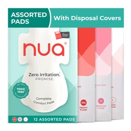 Nua Ultra Safe 50 Sanitary Pads for Women | 3 Sizes in 1: 12 Heavy Flow-XL+, 20 Medium-XL & 18 Light-L | Toxic-Free & Rash-Free | Unscented | Leakproof | with 50 Disposal Pouches | Bulk Pack
