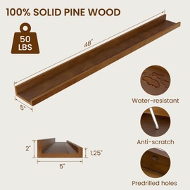 Vivelove Picture Ledge Shelf, Solid Pine Wood Rustic Floating Shelves for Wall, 48 Inch Long Floating Shelves with Lip for Bedroom Kitchen Living Room Nursery Display, Set of 2 (Walnut)