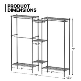 MoNiBloom Wire Garment Rack Heavy Duty 73 Inch Clothing Rack with Adjustable Shelves, Freestanding Clothes Rack Steel Wardrobe Adjustable Feet Closet Rack for Bedroom, Max Load 1000lbs, Black