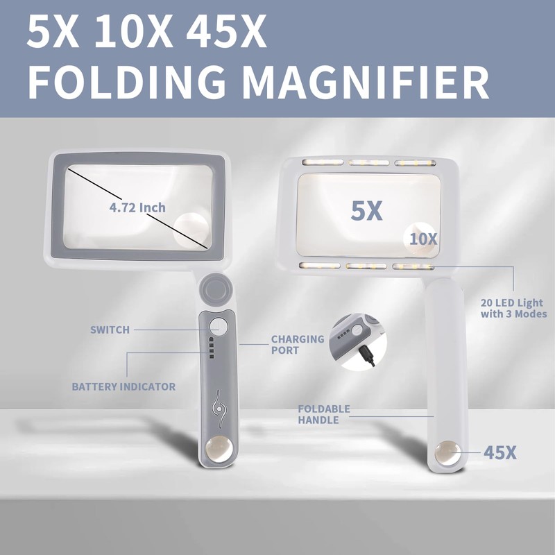 Magnifying Glass with Light, 5X 10X 45X Rechargeable Page Magnifier