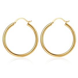 FRUMOS 14K Gold Plated Lightweight Chunky Hoop Earrings for Women 4mm Thick Gold Chunky Earrings Trendy Gold Large Hoop Earrings, 30MM, Yellow Gold Plated, No Gemstone