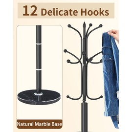 Modern Coat Rack Stand, Metal Freestanding Coat Rack with Natural Marble Base, Heavy-Duty Coat Racks with 12 Hooks,Black Coat Hanger Tree Stand for Office, Entryway, Hallway