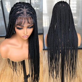 Annivia 36Inch Black Knotless Box Braided Wigs for Black Women Full Lace Box Braided Wigs Pre Plucked with Baby Hair Handmade Synthetic Triangle Part Cornrow Braided Lace Wigs