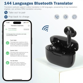 Translator Earbuds, 144 Languages Bluetooth Translator Device Smart Voice Translator Earphone for Travel, Learning, Business, Black Simultaneous Translation Bluetooth 5.1 with APP for iOS for Android