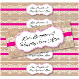 24 Burlap and Lace Waterproof Water Bottle Labels | Rustic, Shabby Chic, Vintage, Country Wedding |(Magenta (Hot Pink))