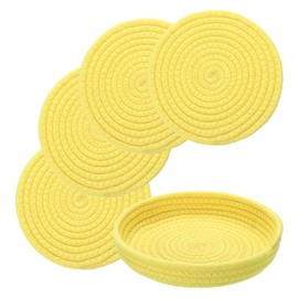 sourcing map 9 Inches Trivets for Hot Dishes, Heat Resistant Yellow Trivets for Hot Pots and Pans, 4 Pcs Cotton Hot Pads and 1 Pcs Storage Basket for Countertops, Pot Holders, Kitchen,Table