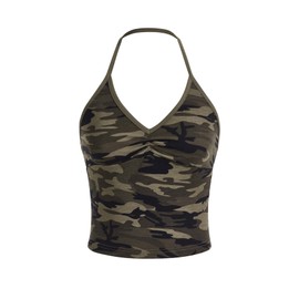 COZYEASE Women's Camo Print V Neck Sleeveless Crop Tops Casual Ruched Backless Halter Tops Multicolor S