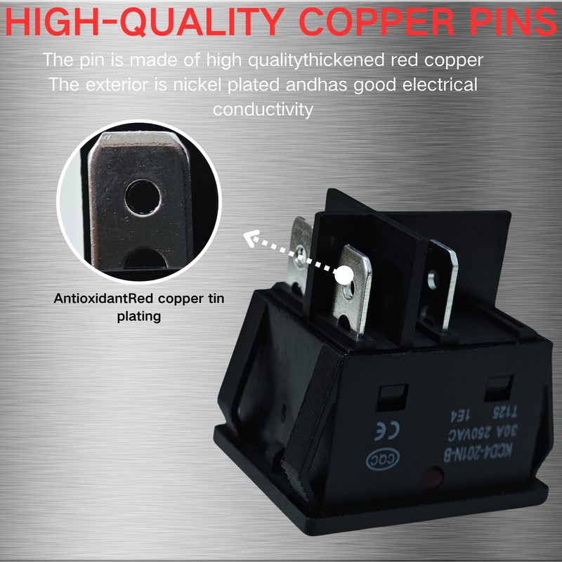 30A 250V KCD4 Rocker Switch DPST 4 Pin Red Lighted