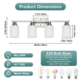 Ascher Bathroom Light Fixtures, 4-Light Vanity Light Over Mirror, Brushed Nickel Wall Sconces with Milky White Frosted Glass Shades, Wall Lamp for Living Room Bedroom, E26 Base(Bulbs Not Included)