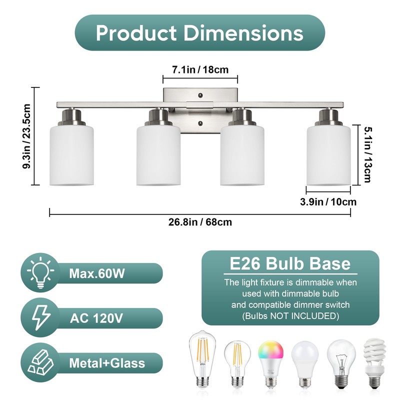 Ascher Bathroom Light Fixtures, 4-Light Vanity Light Over Mirror, Brushed