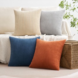 MIULEE Pack of 4 Blue-Yellow Corduroy Decorative Throw Pillow Covers 18x18 Inch Soft Boho Striped Pillow Covers Modern Farmhouse Home Decor for Winter Sofa Living Room Couch Bed