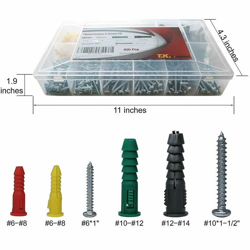 T.K.Excellent Plastic Drywall Anchors and Screws Kit, Ribbed Anchors Assortment