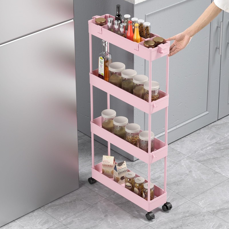 SPACELEAD Slim Storage Cart 4 Tier,Bathroom Organizer Rolling Utility,Mobile Shelving