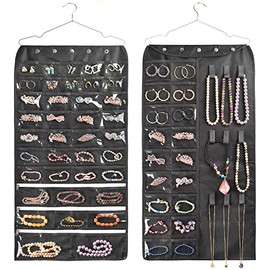 BB Brotrade Hanging Jewelry Organizer,Double Sided 56 Pockets&9 Hooks Accessories Organizer for Holding Jewelry(Black-56 Pockets)