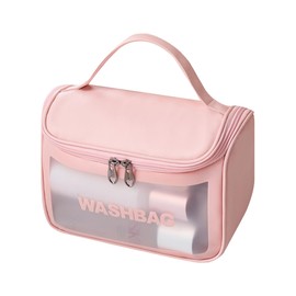 Travel Clear Makeup Bag, Portable Waterproof Cosmetic Organizer Case with Handle for Women, Essential Carry-on Travel Accessories for Toiletries and Brushes (Pink)