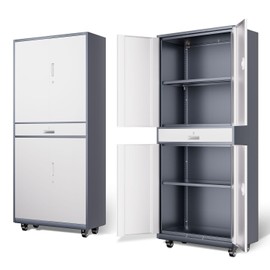 DNA MOTORING 73'' Metal Storage Cabinet, Rolling Garage Cabinet with 1 Drawer and Adjustable Shelves, Lockable Heavy Duty Metal Locker for Garage,Office,Home,Gray White, TOOLS-00630-GY-WH-A