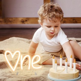 One Neon Sign for First Birthday, LED Neon Lights One Table Number Neon Light Lamp for Home Birthday Party Decor Photo Prop Christmas Gift, 11.81" x 7.24", Warm White (O-Heart-Shaped)