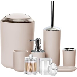 Juego de Bao Accesorios de 8 Piezas, Accesorios para Bao con Dispensador de Jabn, Jabonera, Portacepillos, Vaso para Cepillo de Dientes, 2 Botes Transparente, Cepillo de Retrete y Basurero(Beige)