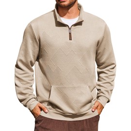 Yousify Mens Quarter Zip Sweatshirts Long Sleeve Stand Collar Casual Pullover Texture Fall Sweatshirt With Pocket Khaki