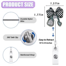 Checkered Bow Stethoscope Badge Reel Retractable for Nurse Nursing RN MA CNA LPN & Medical Worker, Cute Nurse Gifts, Glitter Black and White Checkered Coquette Bow Badge Holder with Alligator Clip