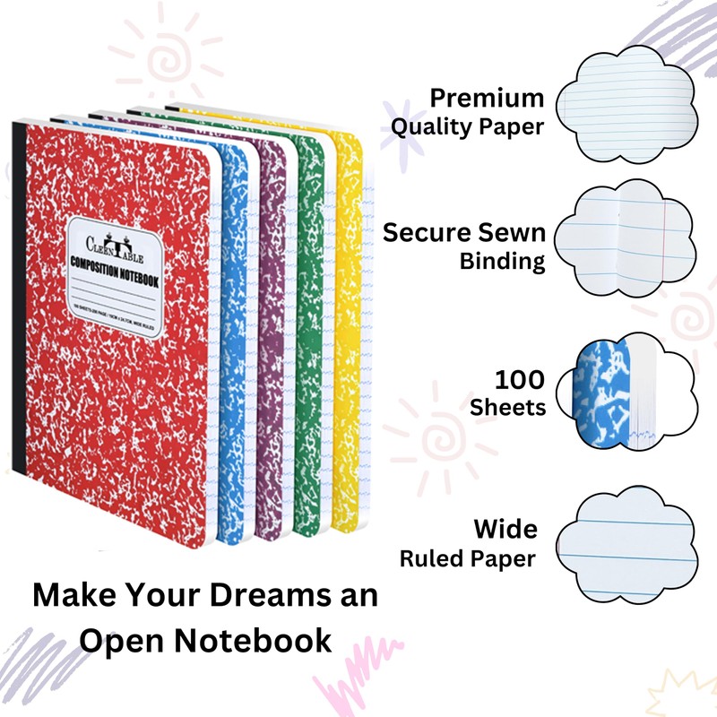 CLEENTABLE Compsition Notebook 5 Pack, Mixed College Ruled Paper, Notebooks