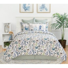 C&F Home Crescent Bay Full/Queen 3 Piece Reversible Coverlet Quilt Set with 2 Standard Shams Quilt Set Nautical White Blue and Green Ocean Beach Animals Coral Seaweed Reversible Stripes Full/Queen 3