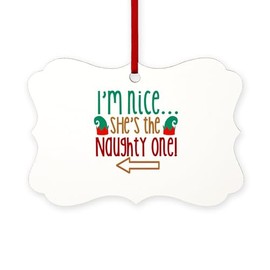 CafePress Im Nice She's Naughty Elf Hat Scroll Holiday Ornament 4" x 2.75"