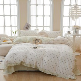 White Cotton Duvet Cover King Size Ruffle with Pink Floral Lace Coquette Bedding Set King for Women Girl Princess Aesthetic Comforter Cover with 2 Lace Pillowcases Elegant Striped Duvet Cover Set