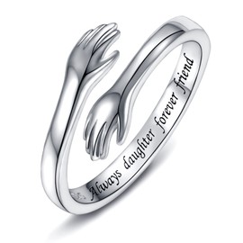 925 Sterling Silver Hug Rings for Women, I Love You Forever Love You Mother Gift Sister Gifts Engraved Words Hugging Hands Open Ring Friendship Jewelry Gift (Always daughter forever friend)