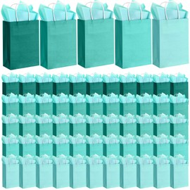 Kolldenn 50 Set Gift Bags with Tissue Paper 8.27 x 5.91 x 3.15 Inch Small Paper Bags with Handles Thank You Gift for Baby Shower Bridal Shower Wedding Party Favors Goodies (Gradient Lake Blue)