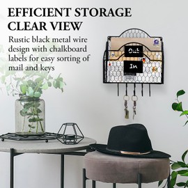 MyGift 2 Compartment Mail Inbox/Outbox Sorter, Wall Mounted Modern Black Metal Wire Entryway Organizer Basket with Chalkboard Labels and 5 Hanging Key Hooks