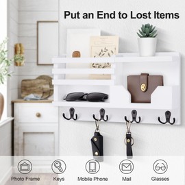 Lwenki Mail and Key Holder for Wall – Decorative 15.9” x 8.7” x 3.2” Entryway Organizer with Shelf – Paulownia Wood with 4 Dual Hooks Includes Mounting Hardware and Installation Guide