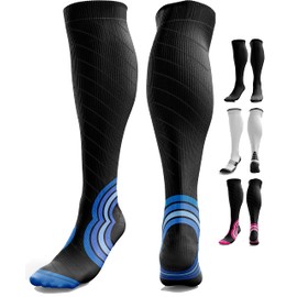 aZengear Compression Socks for Men, Women (20-30 mmHg) Anti DVT Calf Support Stockings, Flight Travel, Swollen Legs, Varicose Veins, Running, Sport, Nurses, Shin Splints, Pregnancy (L/XL, Black w/Blue)