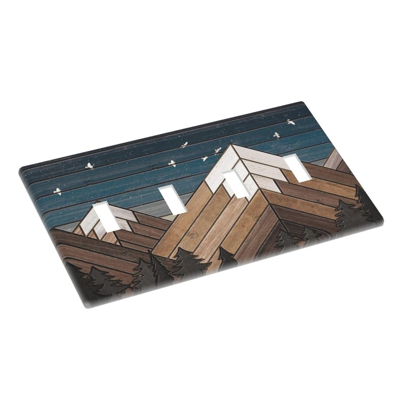 Rustic Geometric Mountain Wilderness Wood 4 Gang Wall Plate Quad