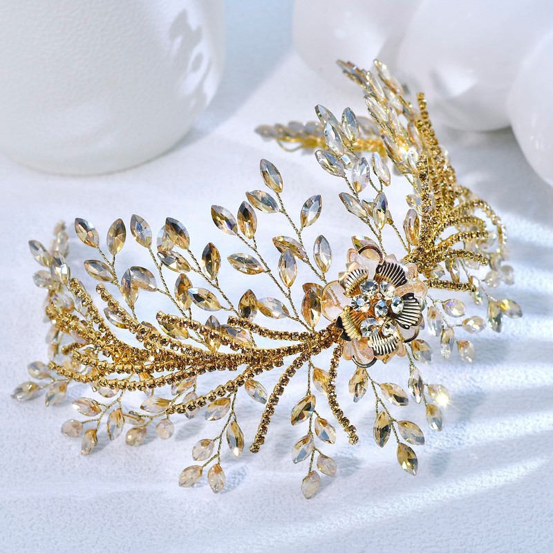 FUILUA Bridal Headband,Rhinestone Crystal Floral Wedding Headpiece Flower Leaf Hair